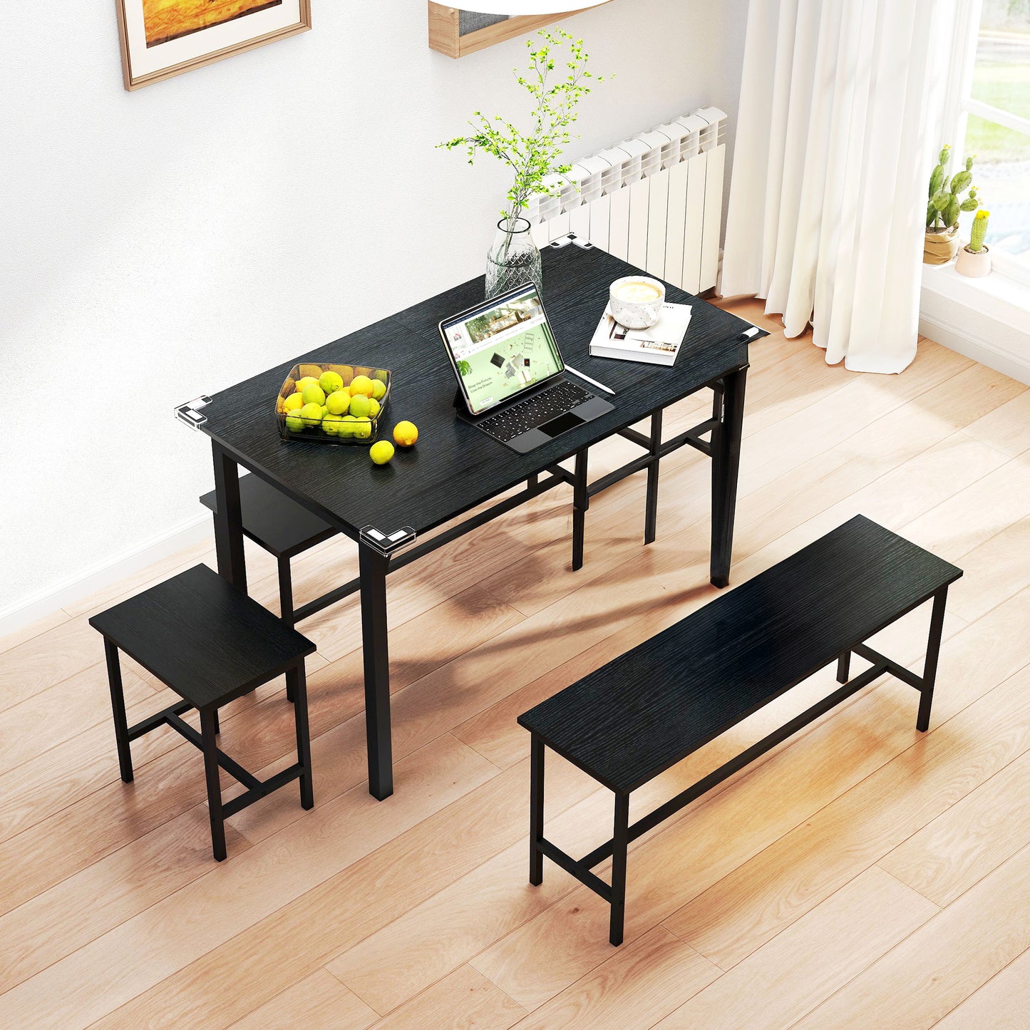 5-Piece Extendable Dining Set with Benches and Stools - Black