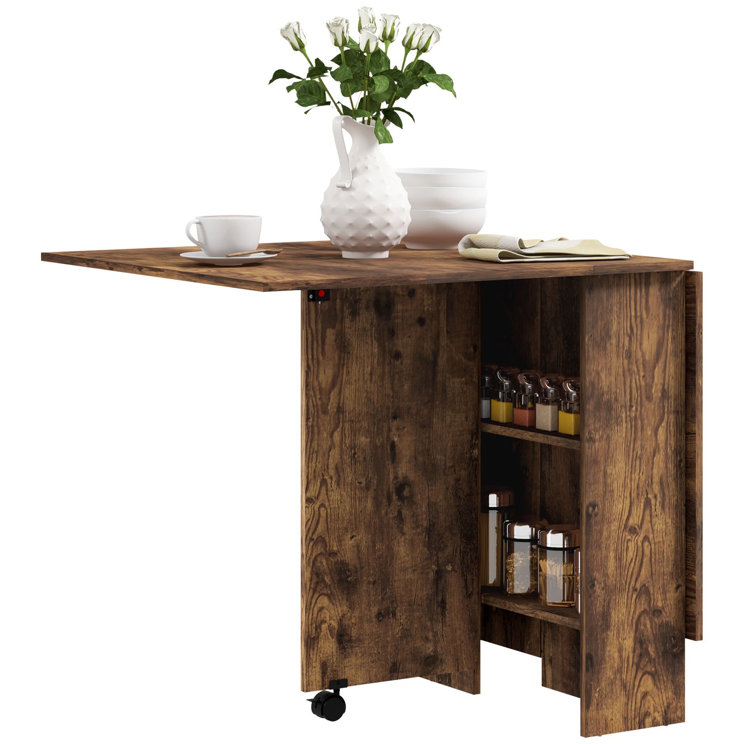 Rustic Brown Extendable Dining Table with Shelves and Wheels