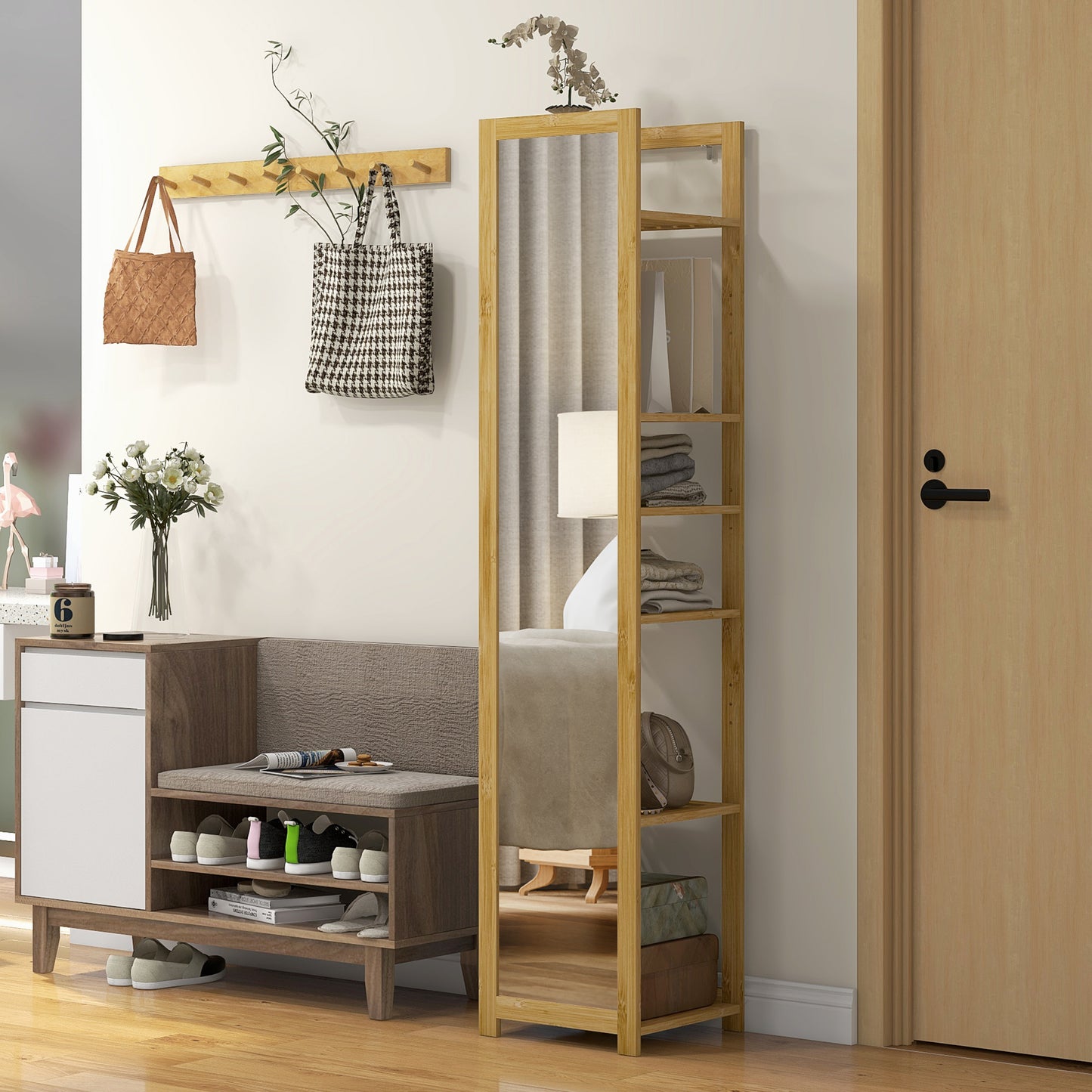 Standing Full Length Mirror with 6-Tier Storage Shelf, 66" x 14", Natural Wood