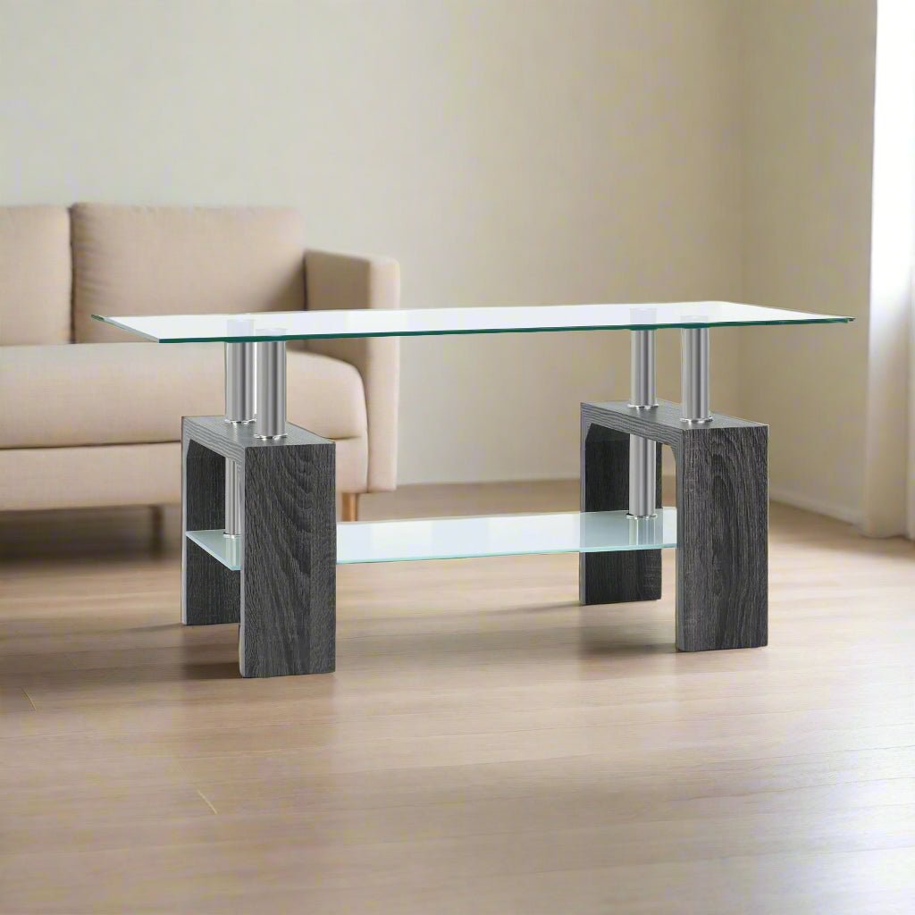 Modern Rectangular Coffee Table with Tempered Glass - Grey