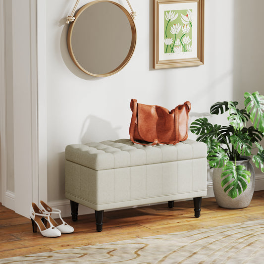 Button Tufted Storage Ottoman Bench - Beige