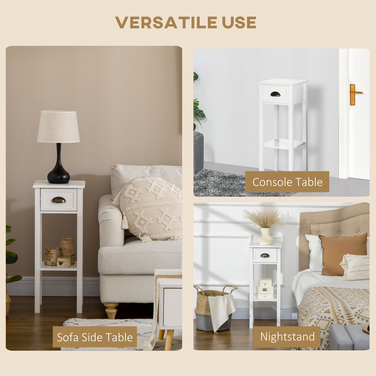 Narrow Tall Side Tables with Drawer and Shelf, White (Set of 2)