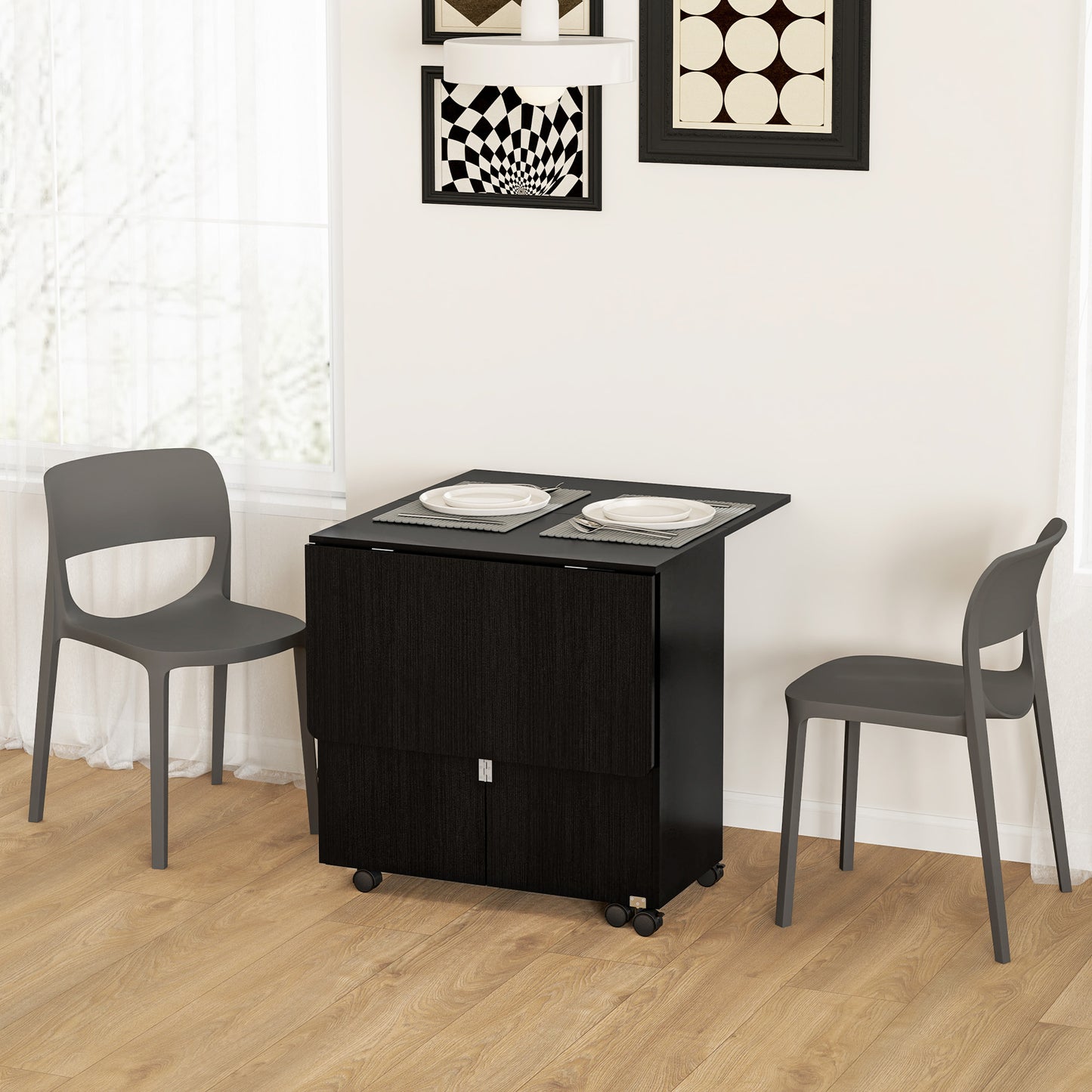 Extendable Drop Leaf Dining Table with Storage - Black Wood Grain
