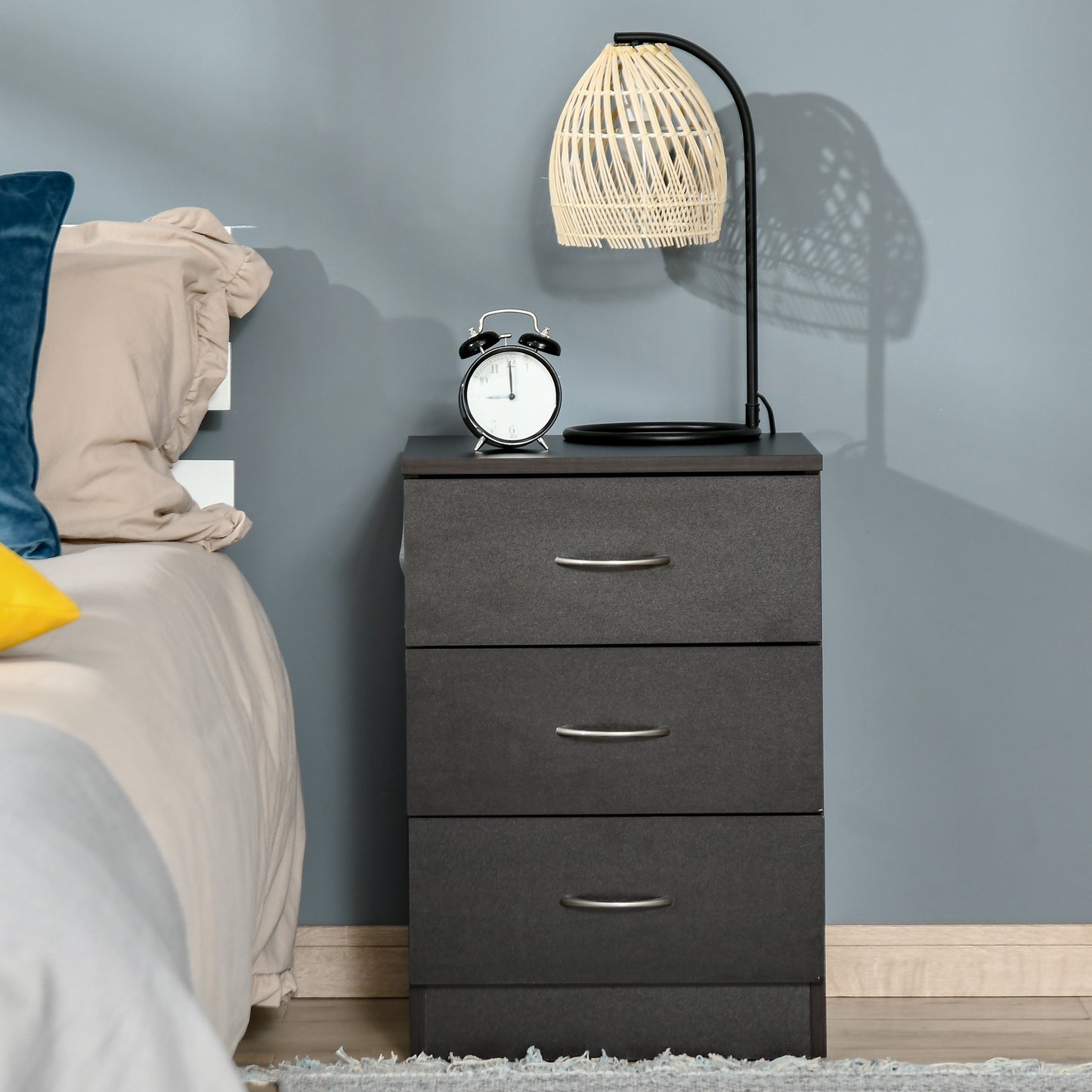 Bedside Table, Modern Nightstand with 3 Drawers, Dark Brown