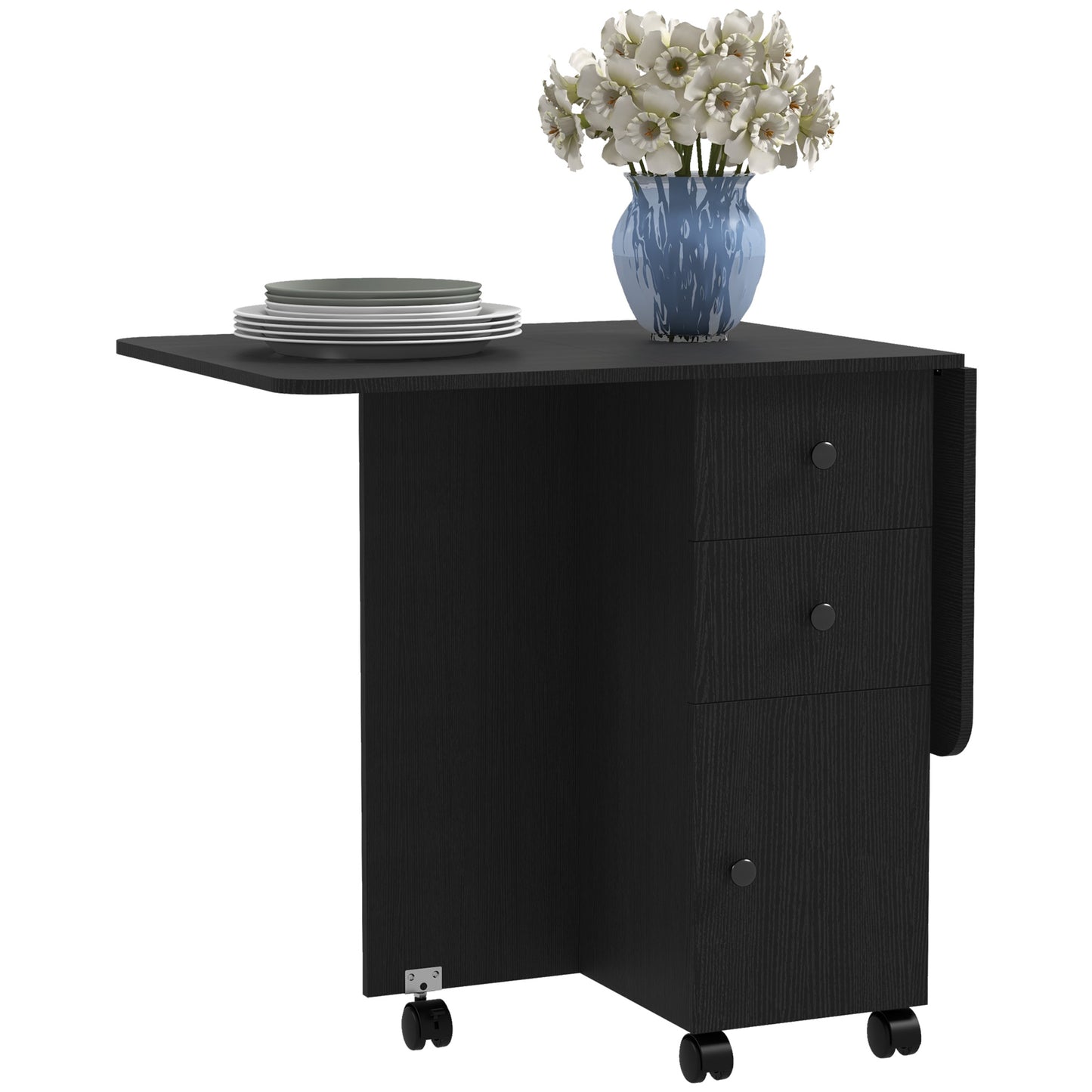 Drop Leaf Dining Table with Drawers and Cabinet - Black