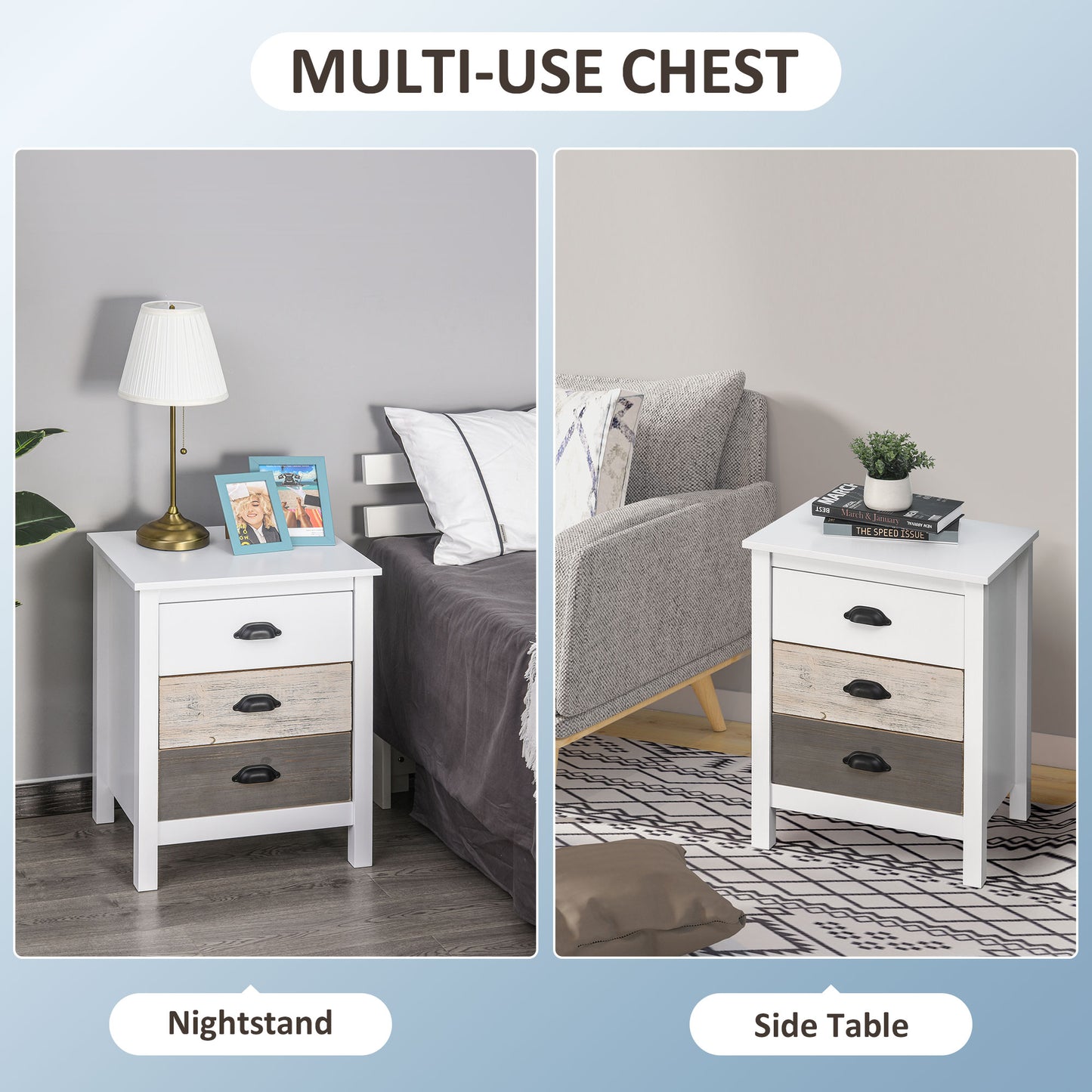 3-Drawer Storage Cabinet Accent Table for Bedroom and Living Room, White