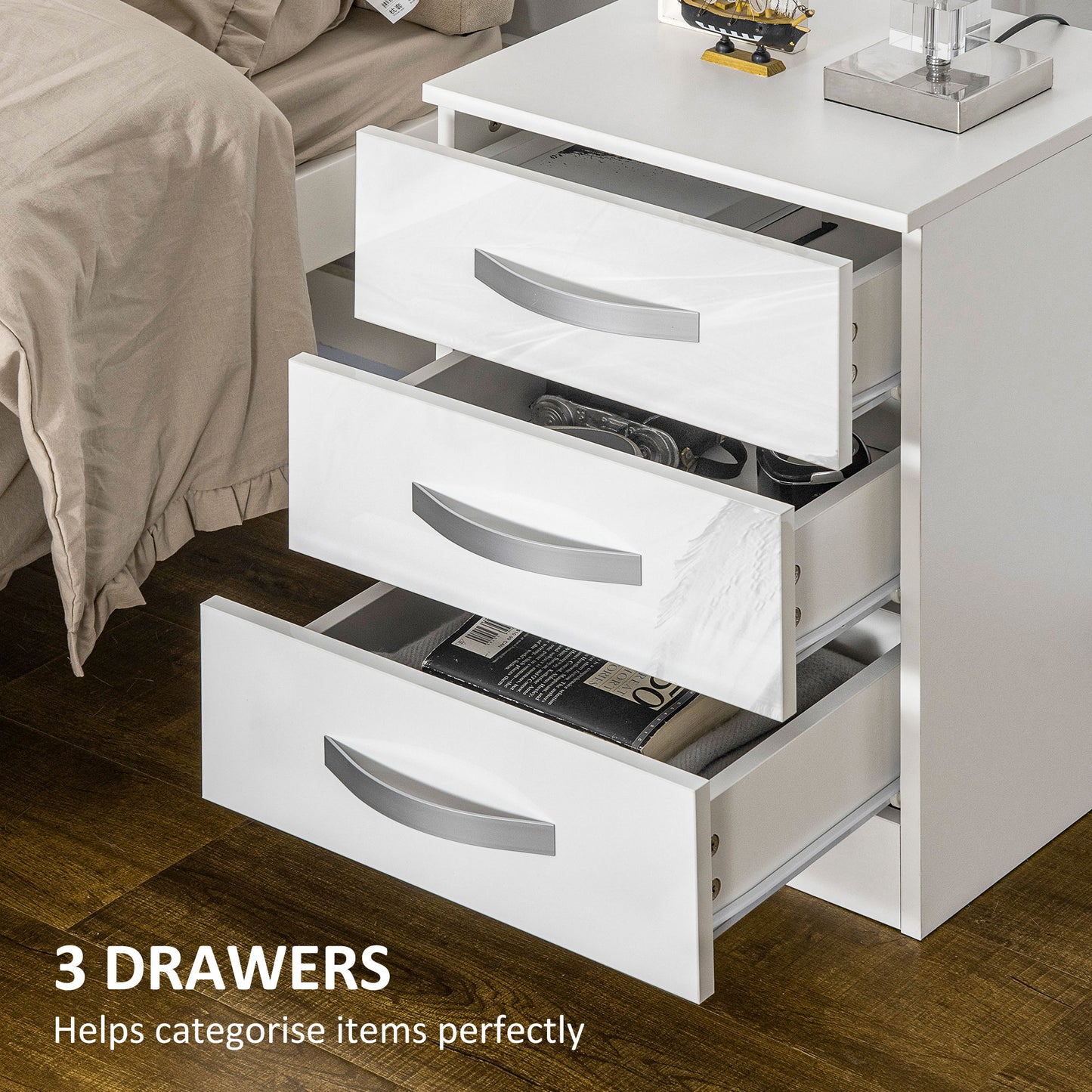 Modern High Gloss Nightstands with 3 Drawers, White (Set of 2)