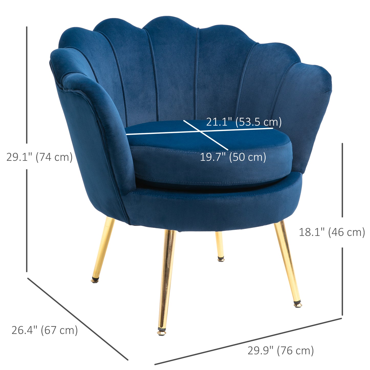 Modern Velvet Accent Chair with Lotus Backrest and Gold Legs, Blue