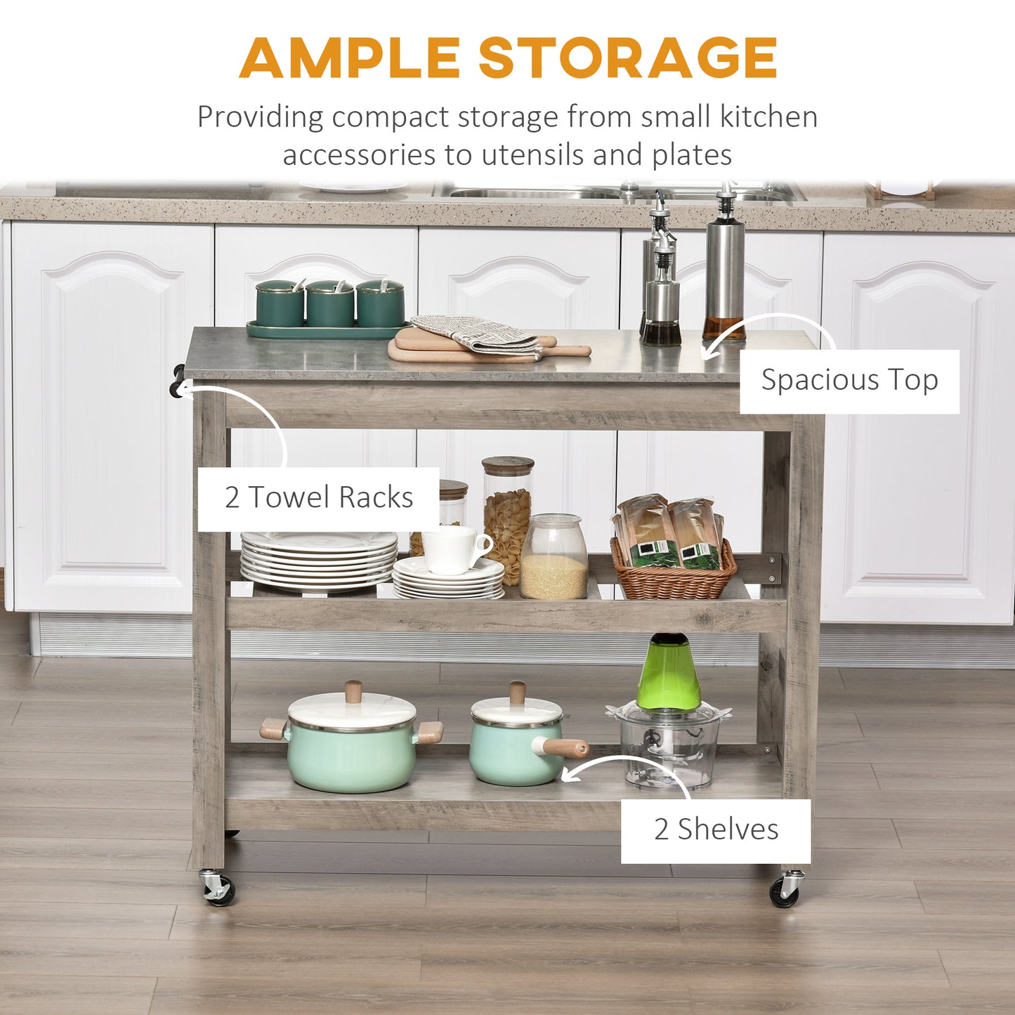 Kitchen Cart Rolling Island with Concrete Effect Top and Wine Rack, Grey
