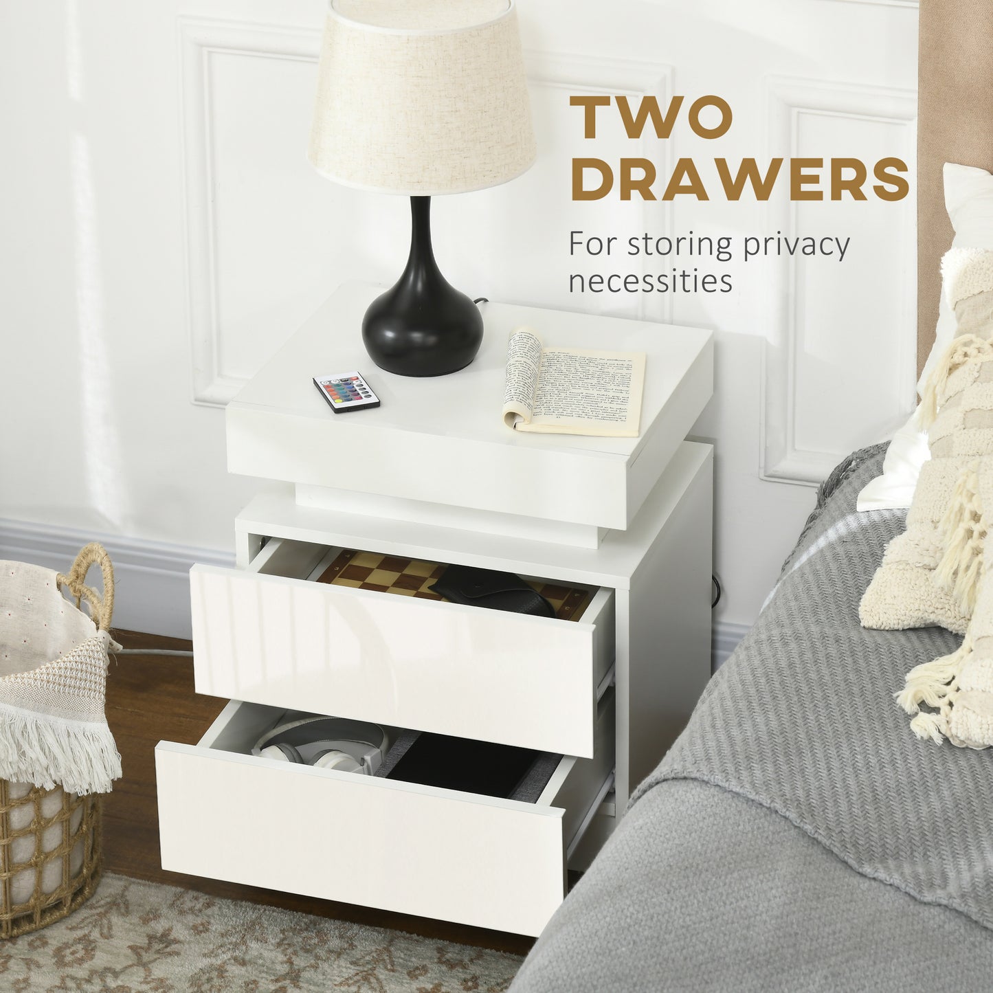 LED Nightstand with Remote Control and 2 Drawers, White