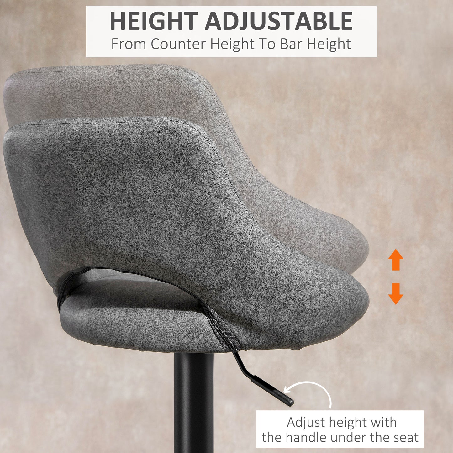 Adjustable Height Swivel Bar Stools with Faux Leather Upholstery, Grey (Set of 2)