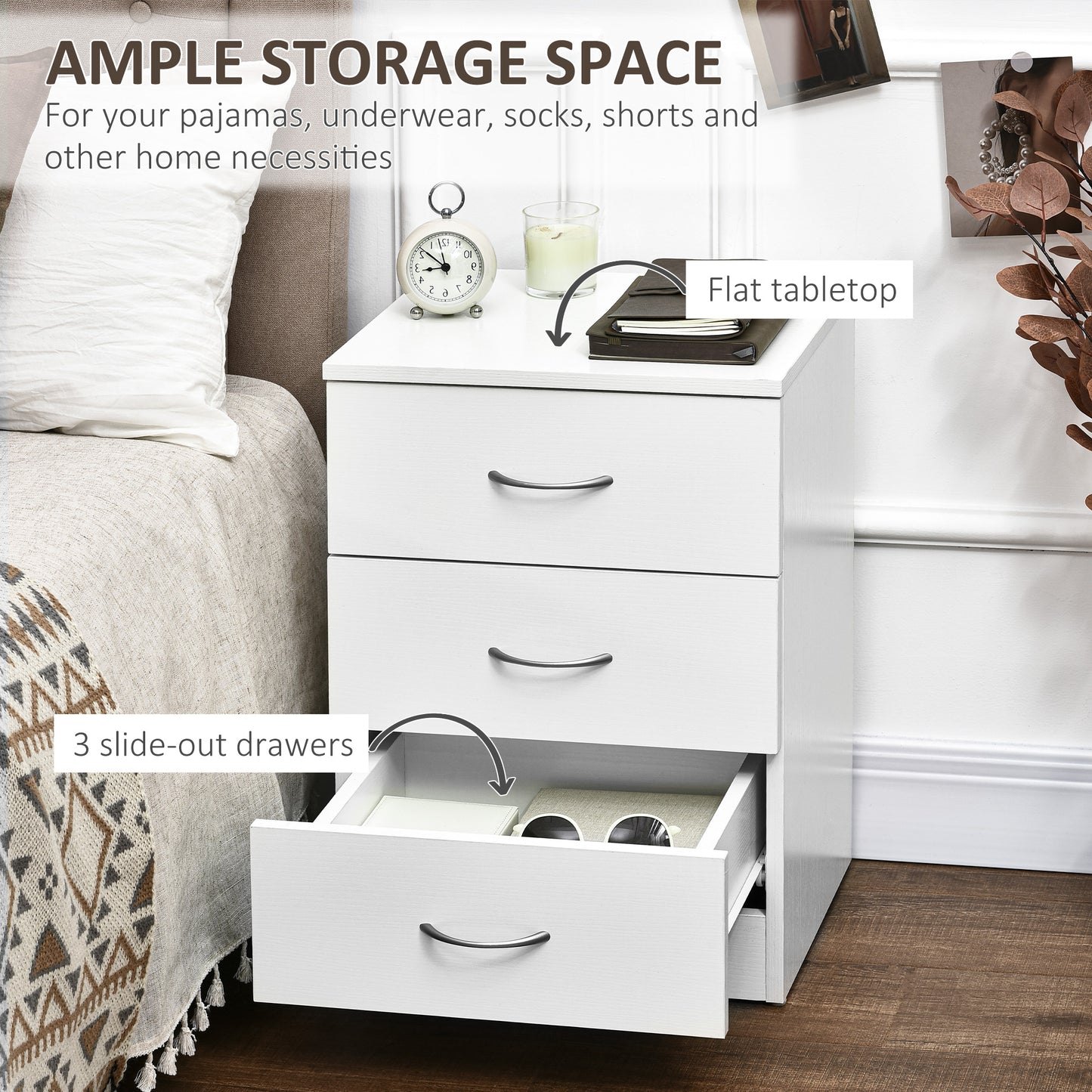Bedside Table with 3 Drawers, Modern Wood Nightstand, White