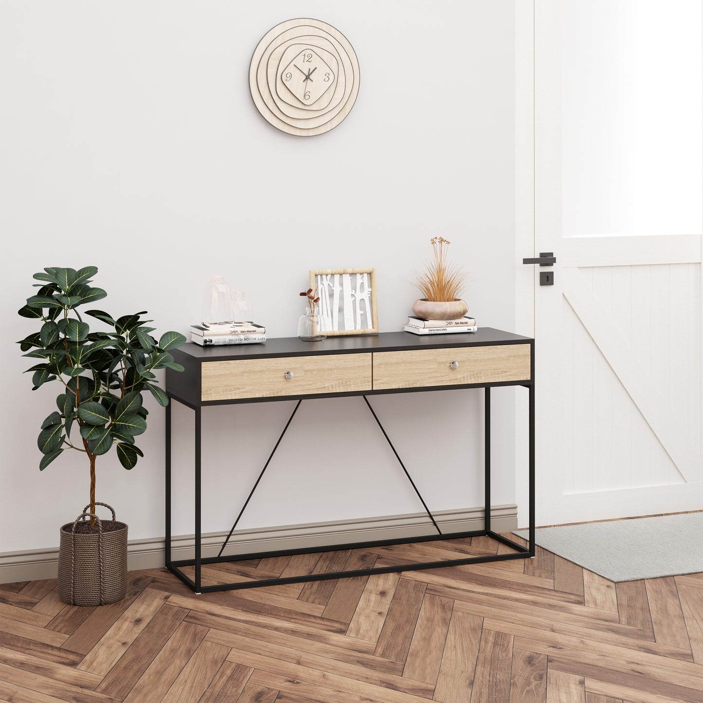 47" Industrial Console Table with Steel Frame and 2 Storage Drawers, Black