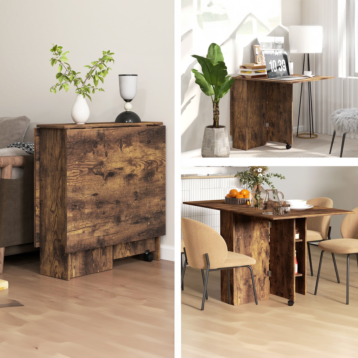 Rustic Brown Extendable Dining Table with Shelves and Wheels