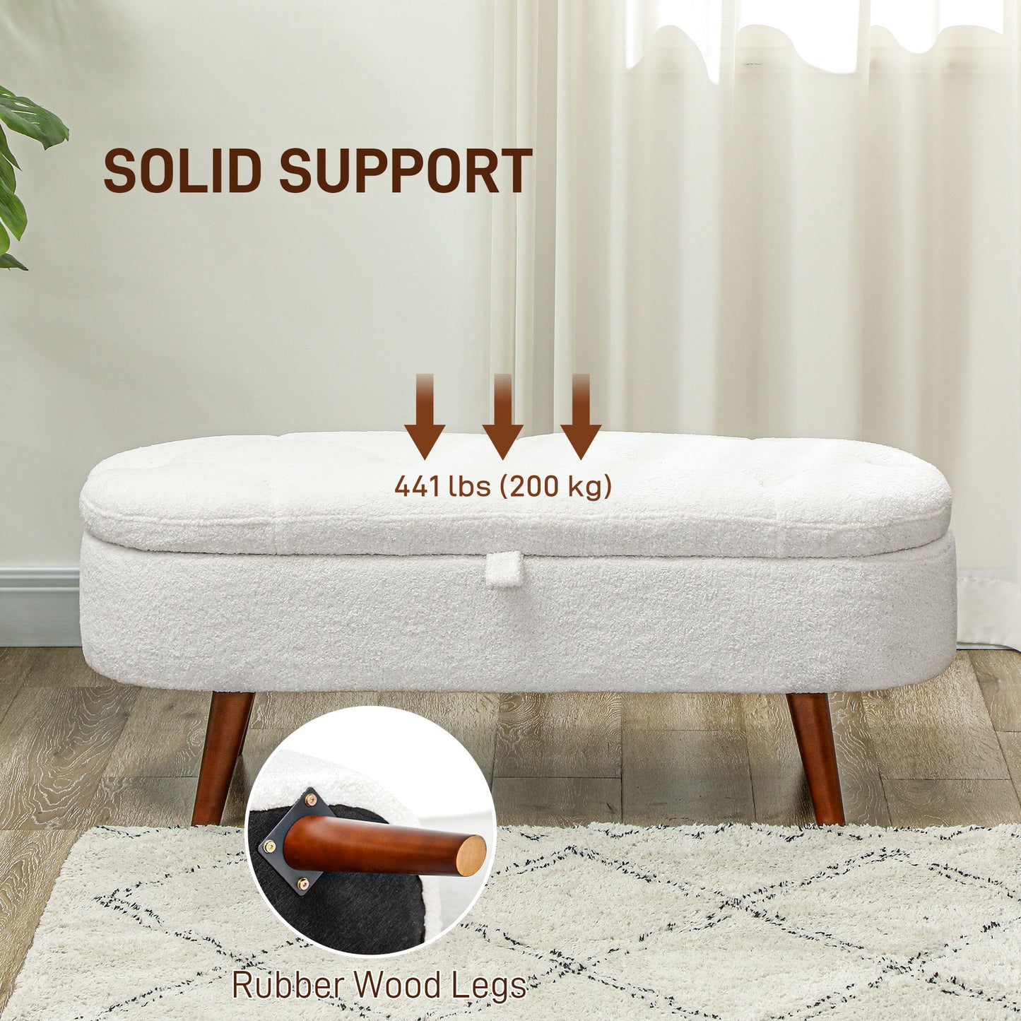 Boucle Storage Bench with Tufted Teddy Fleece Design, White