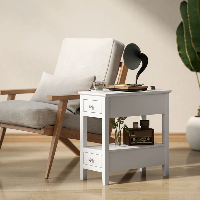 Narrow Side Table with Built-in Charging Station and USB Ports, White