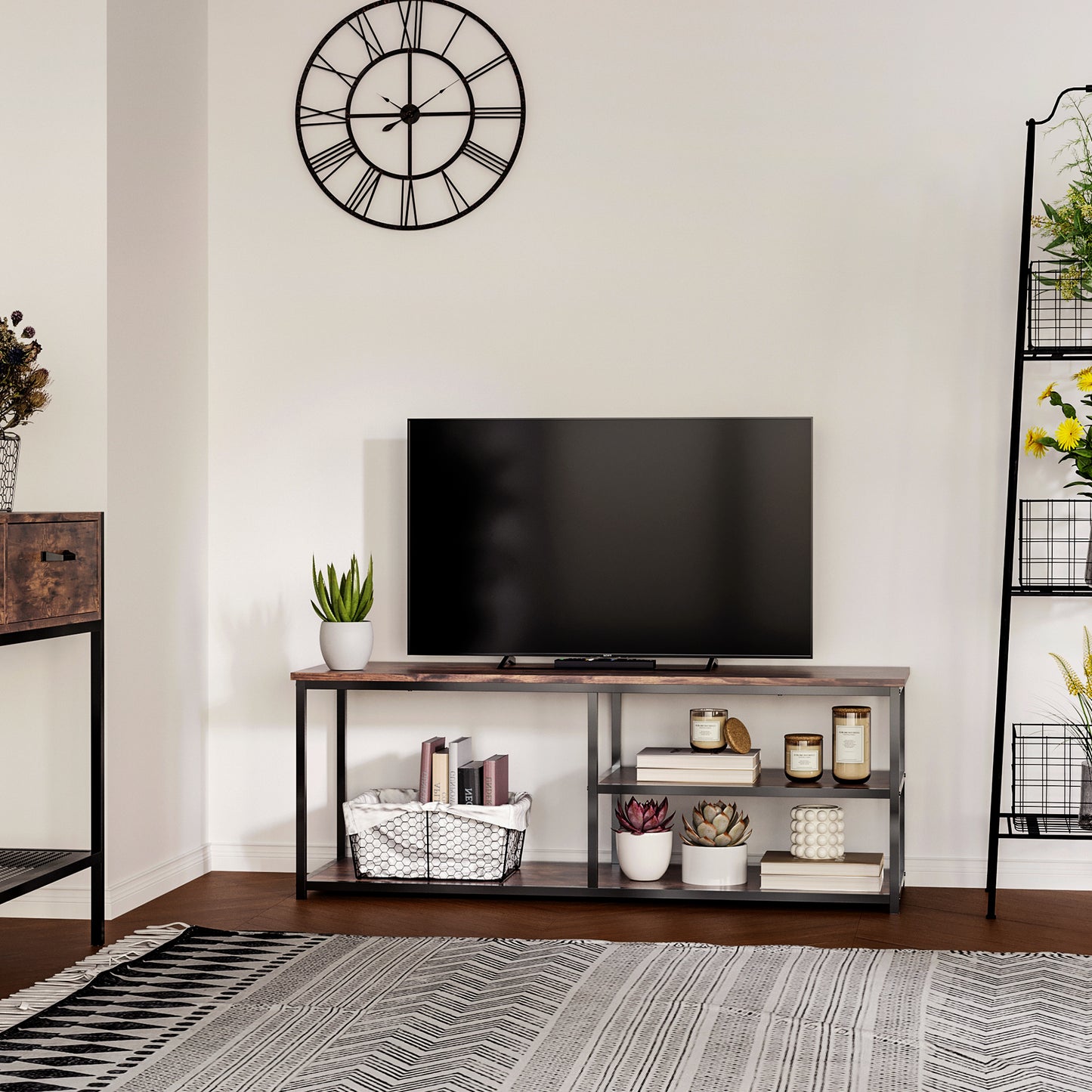 Industrial TV Stand with Metal Frame and Storage Cabinet