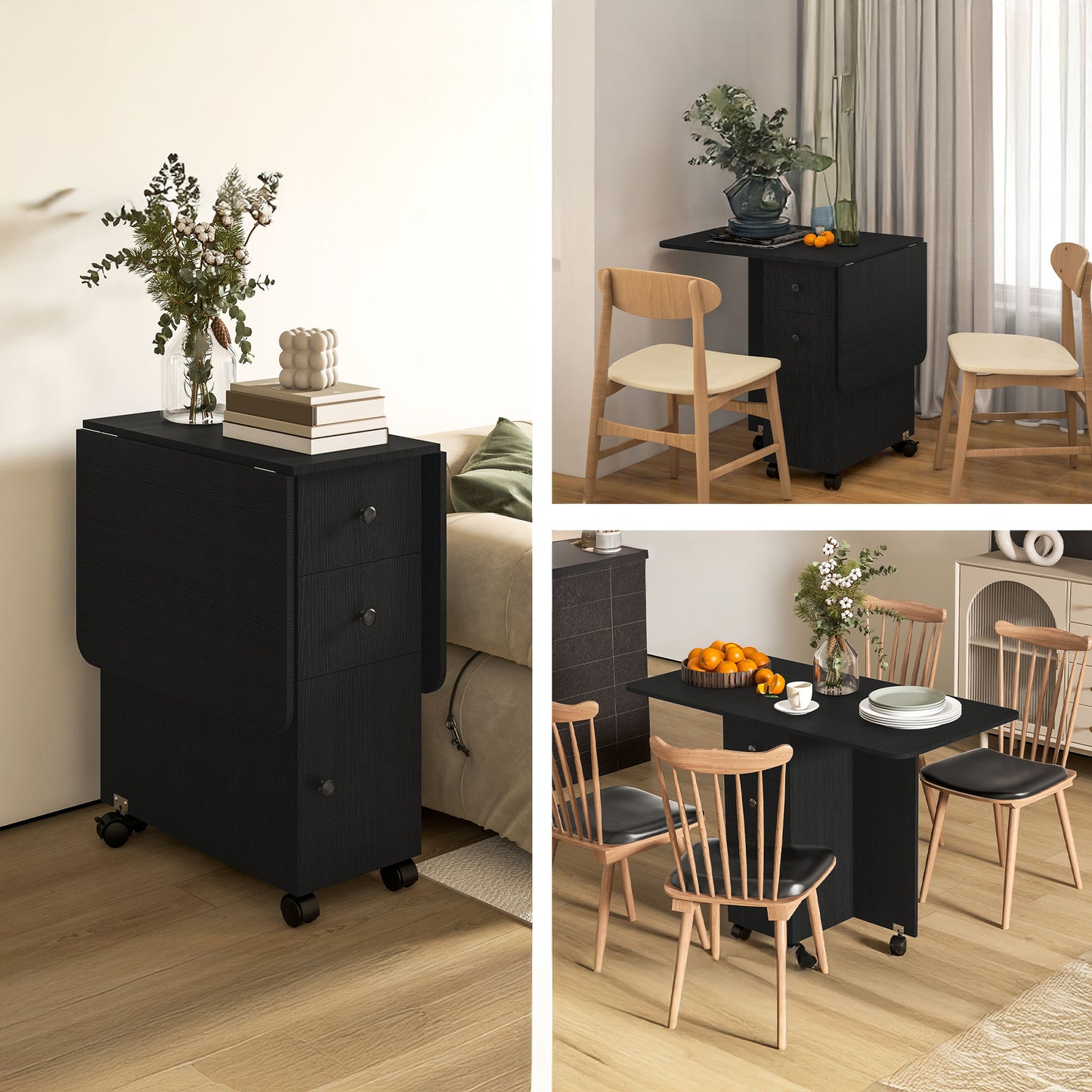 Drop Leaf Dining Table with Drawers and Cabinet - Black