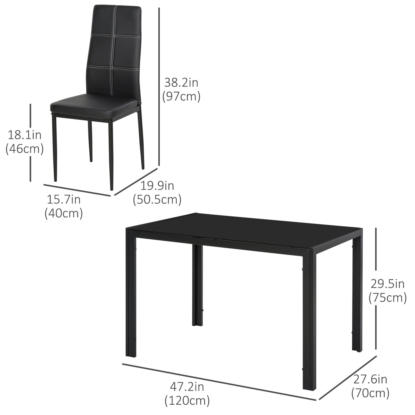 5-Piece Black Glass Dining Table Set with Faux Leather Chairs