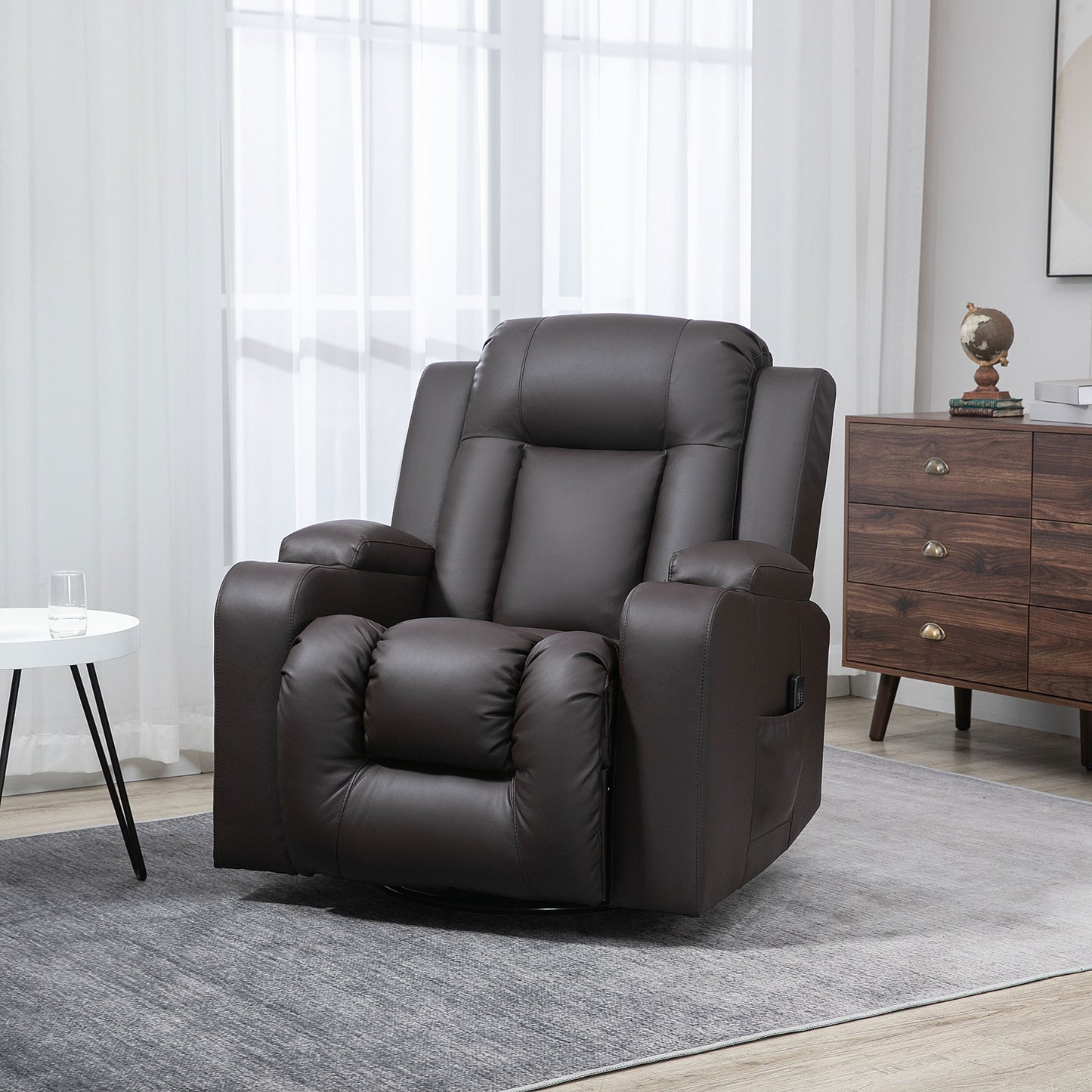 360° Swivel Massage Recliner Chair with Cup Holders, Brown