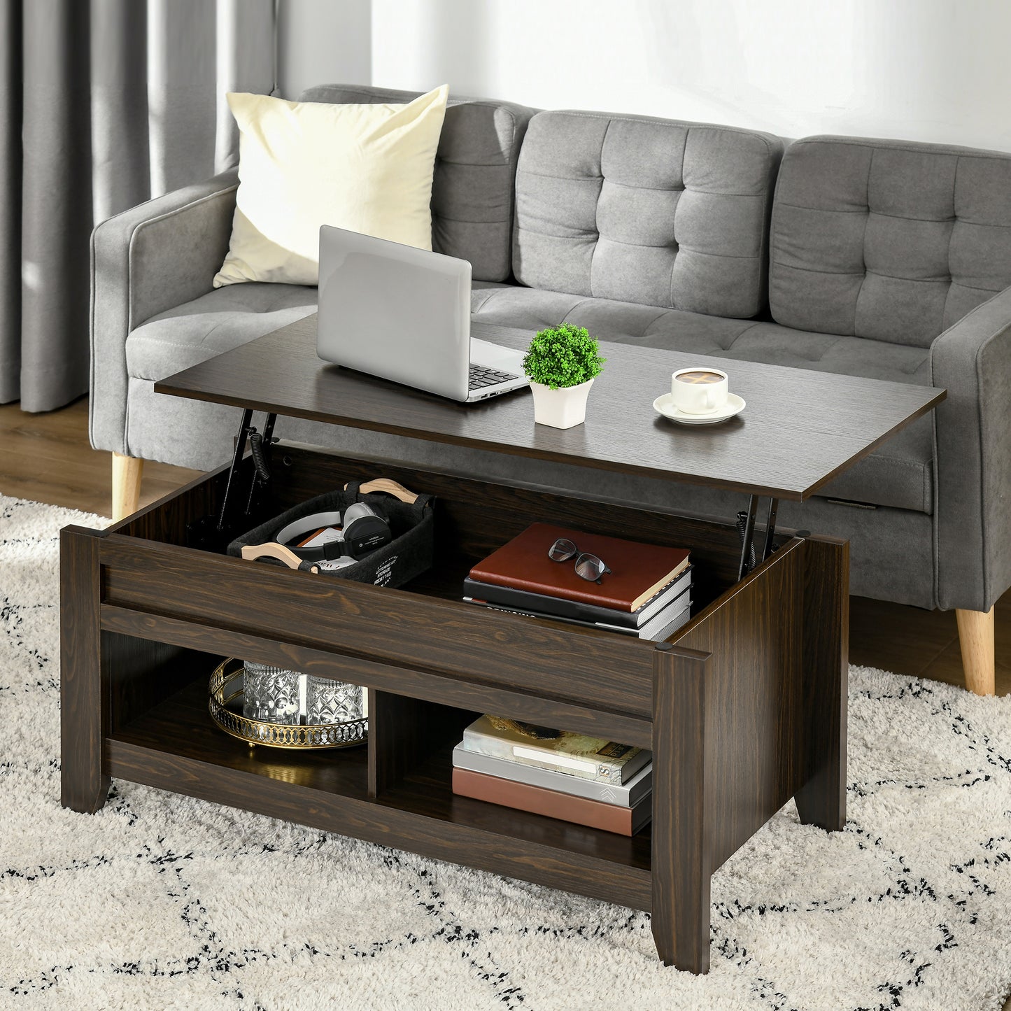 Lift Top Coffee Table with Hidden Storage, Dark Walnut
