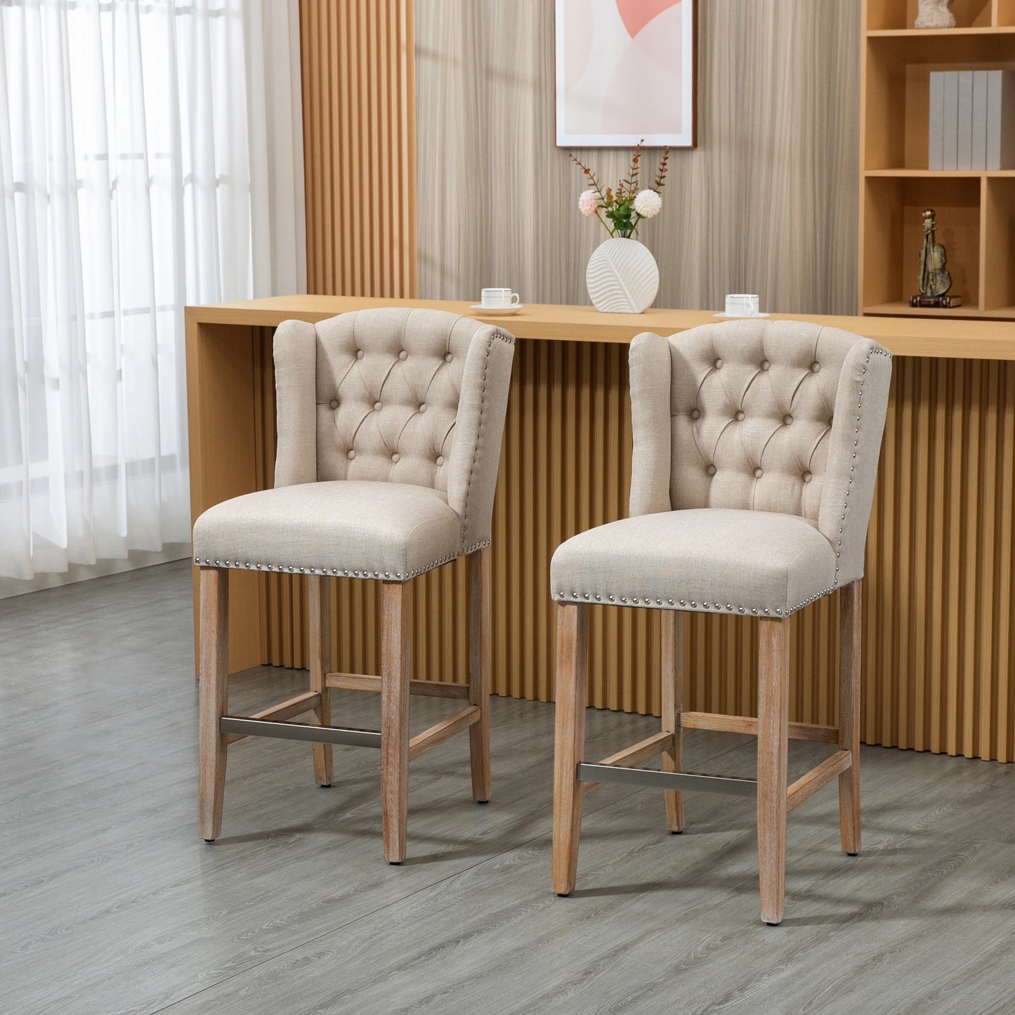 Upholstered Bar Stools with Tufted Nailhead Trim and Wood Legs, Beige (Set of 2)