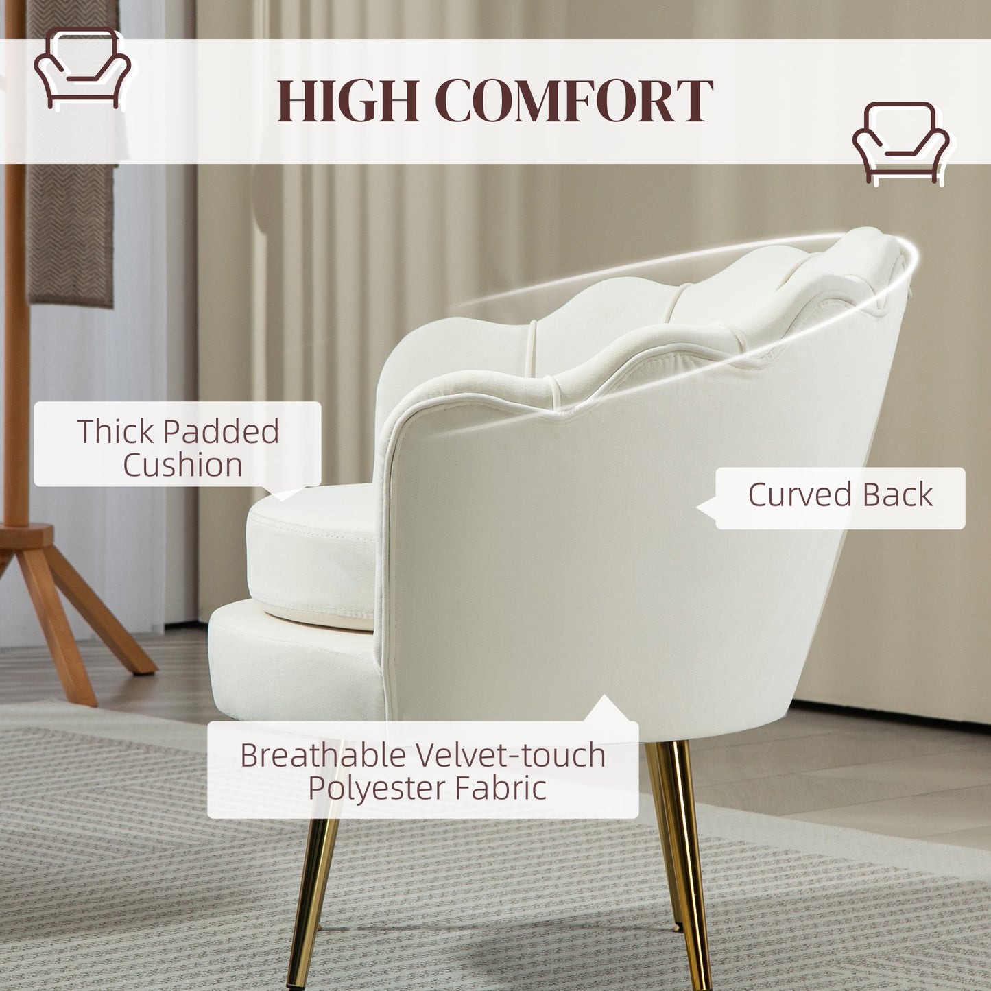 Modern Velvet Accent Chair with Lotus Backrest and Gold Legs, Cream White