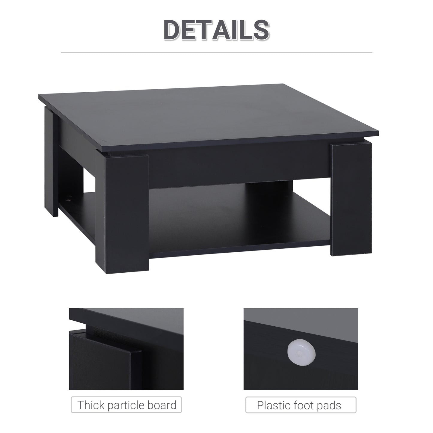 Modern Square Coffee Table with Storage Shelf - Black