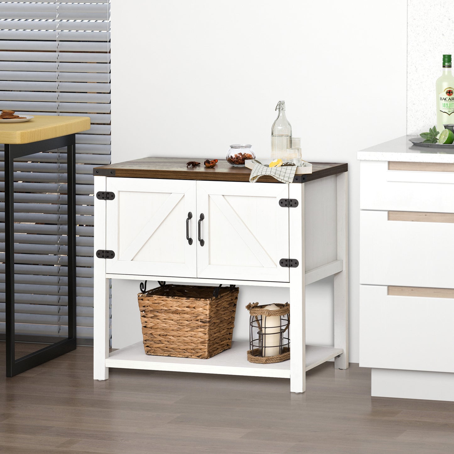 35" Farmhouse Storage Cabinet with Barn Doors and Bottom Shelf, White