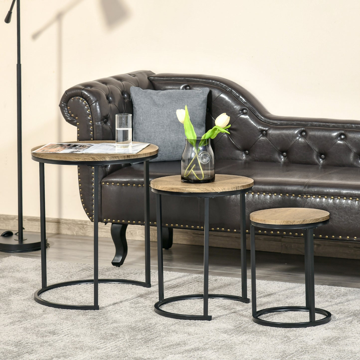 Round Nesting Coffee Table Set of 3 with Steel Frame - Natural Wood