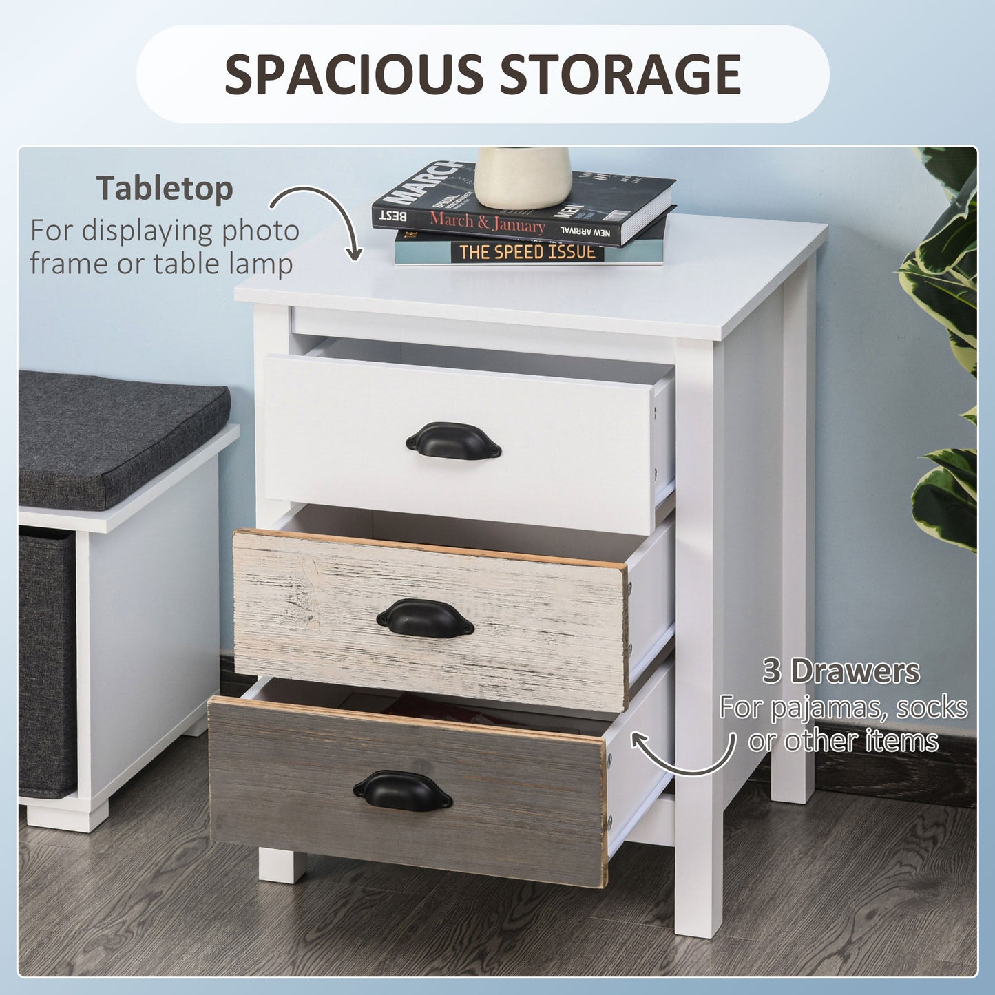 3-Drawer Storage Cabinet Accent Table for Bedroom and Living Room, White