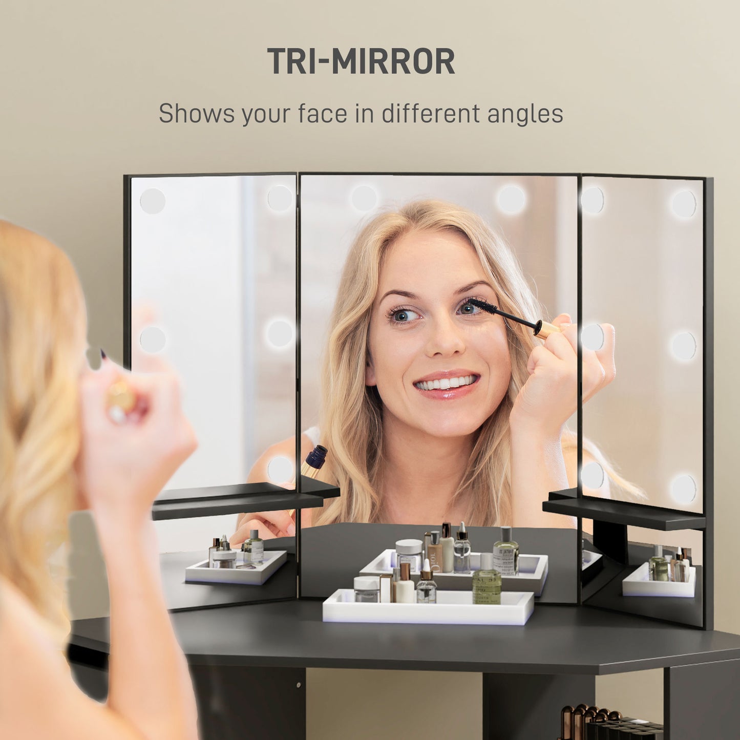Corner Makeup Vanity with Triple Mirror and LED Lights