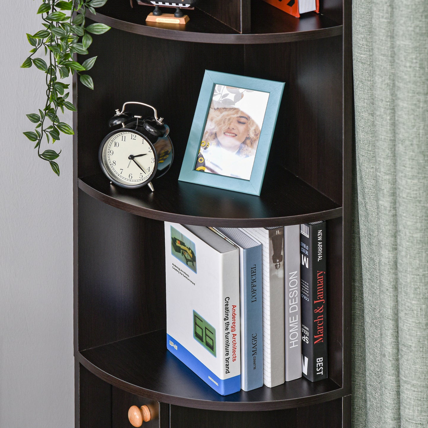 5-Tier Corner Bookcase with Cabinet, Black