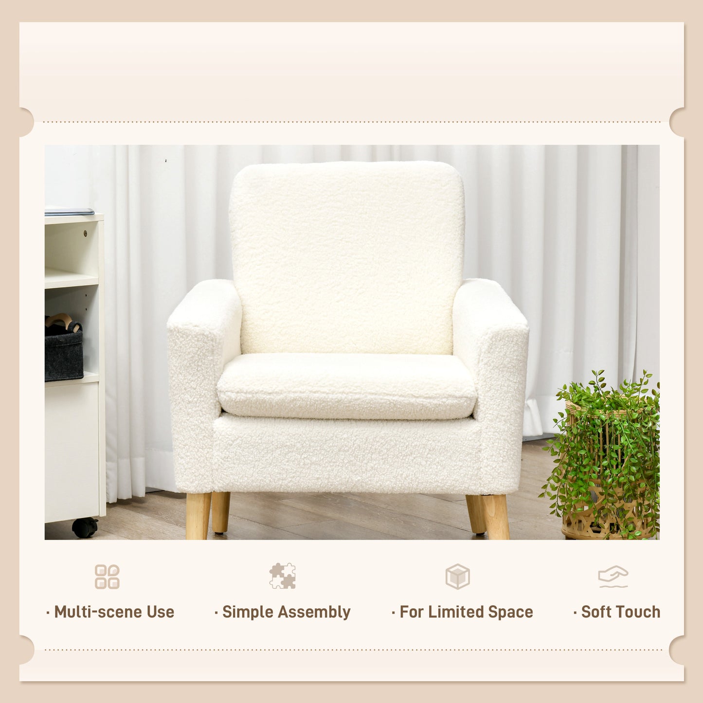 Fabric Accent Chair, Modern Upholstered Armchair with Wood Legs, Cream White