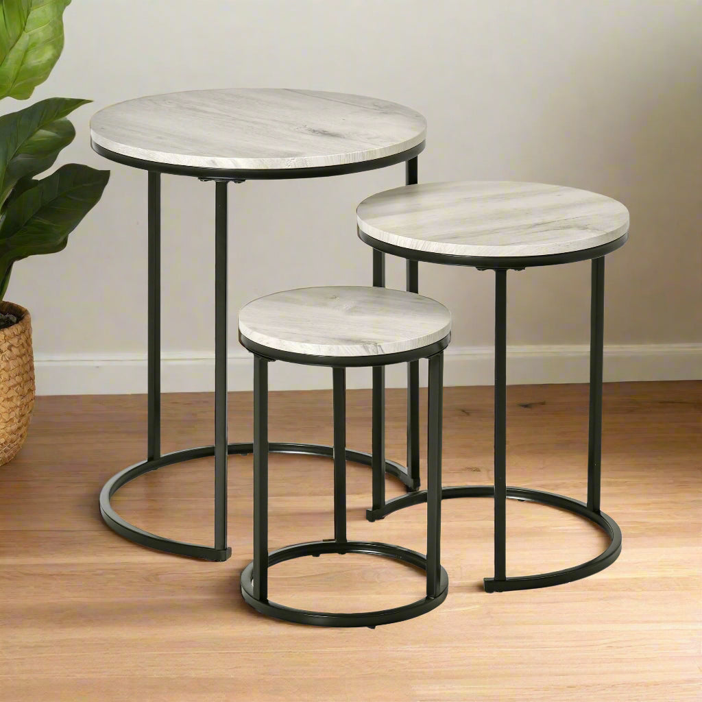 Round Nesting Coffee Table Set of 3 with Steel Frame - Grey