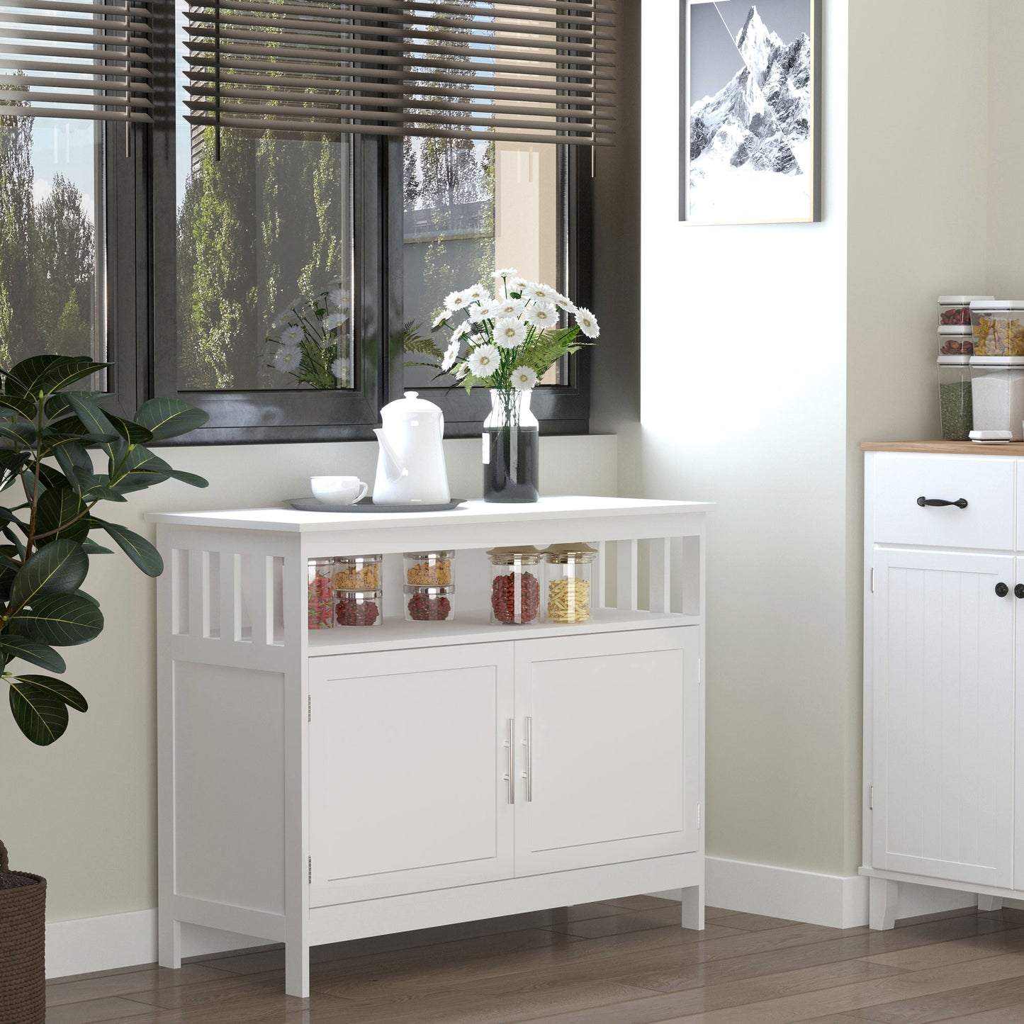 39" Wooden Console Table with Cabinet and Open Shelf, White