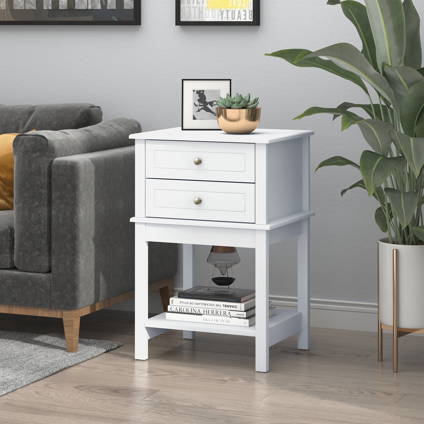 White Modern End Table with Drawers and Storage Shelf