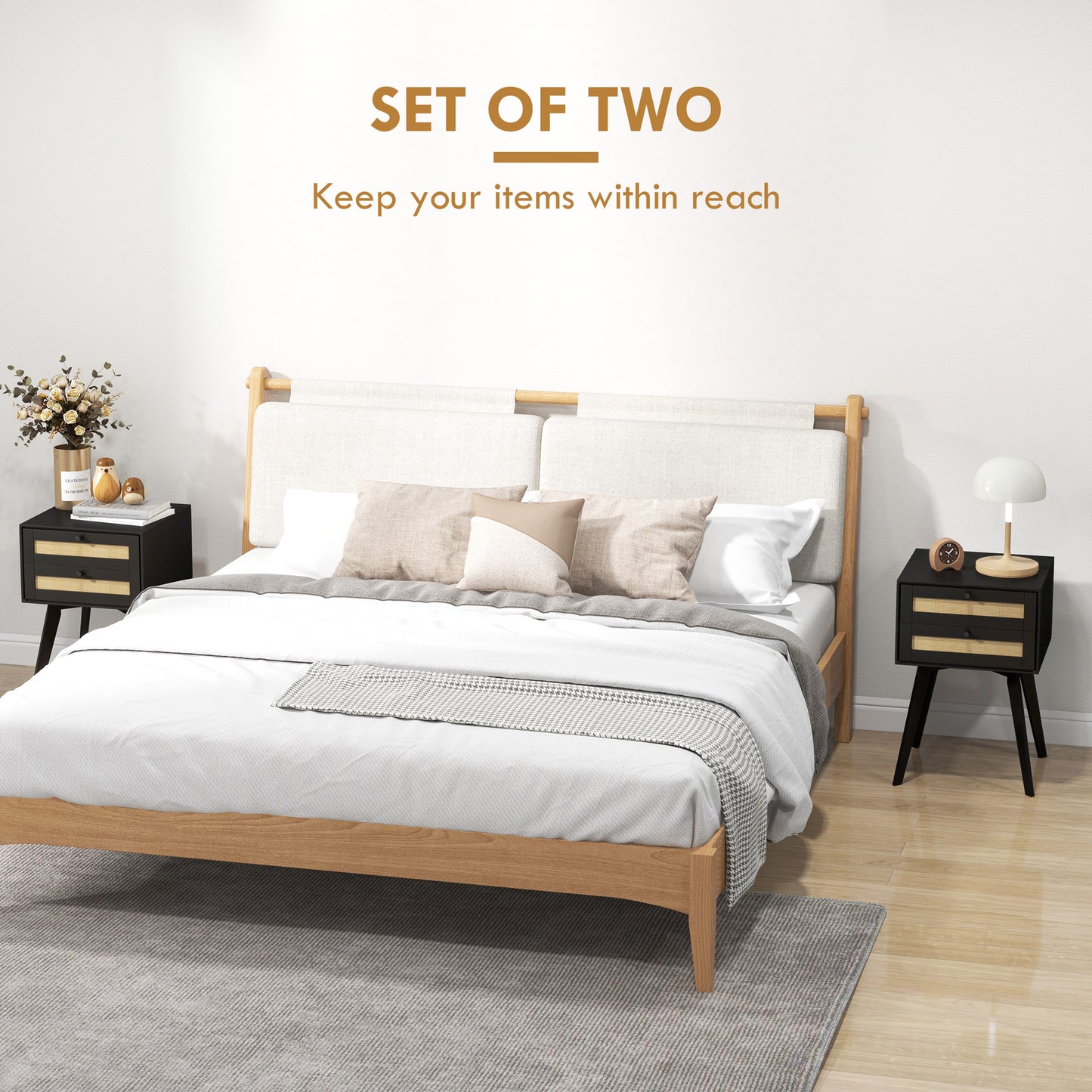 Boho Square Nightstands with 2 Rattan Drawers, Black (Set of 2)