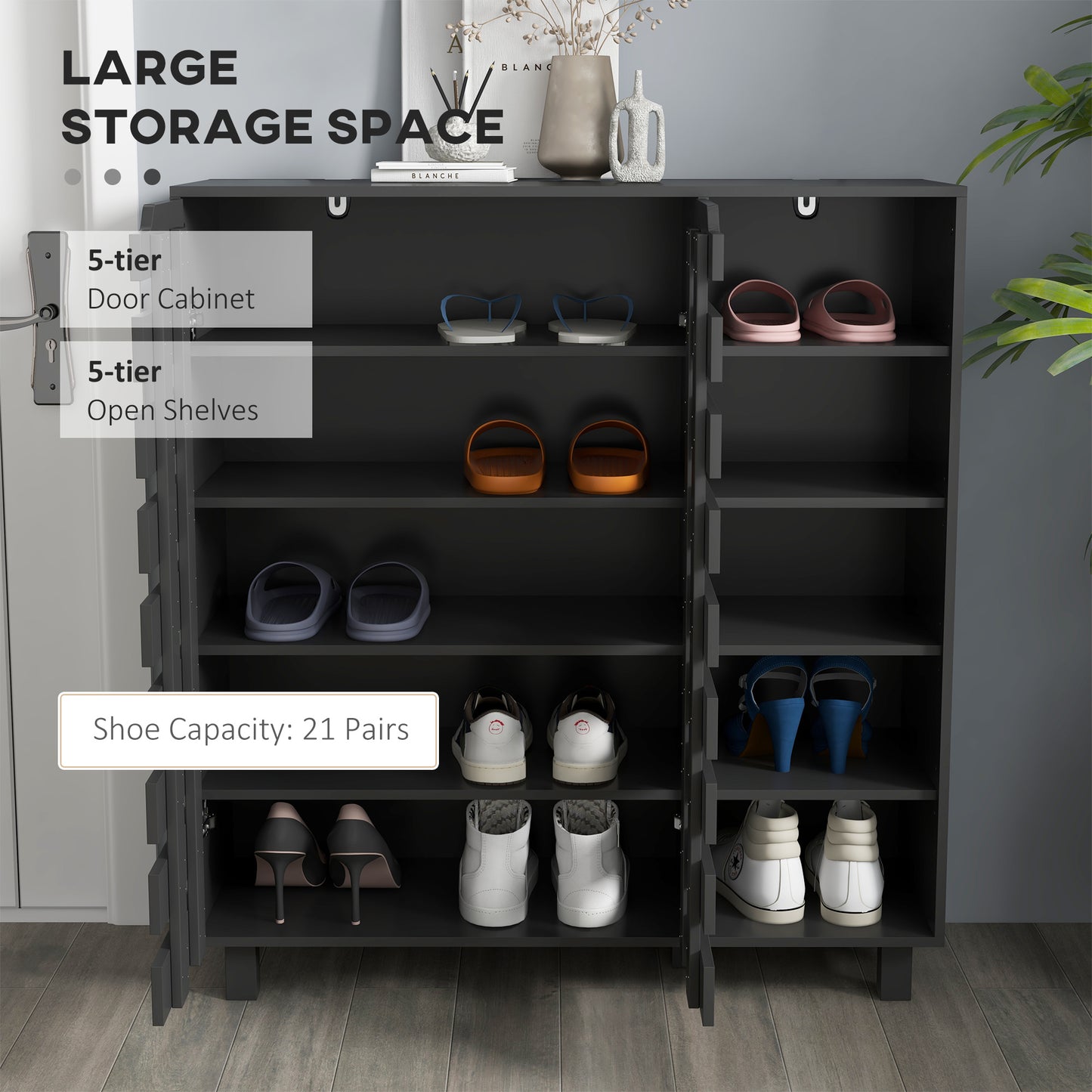 21 Pair Shoe Storage Cabinet with Double Doors and Open Shelves, Black