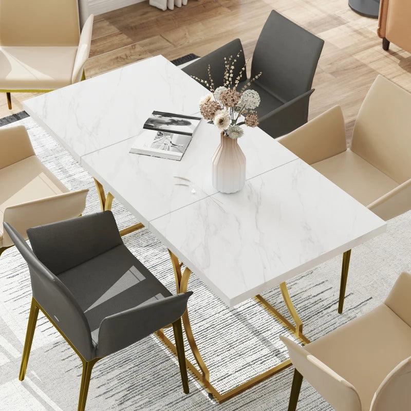 59" Dining Table with Marble Pattern and Metal Pedestal - White