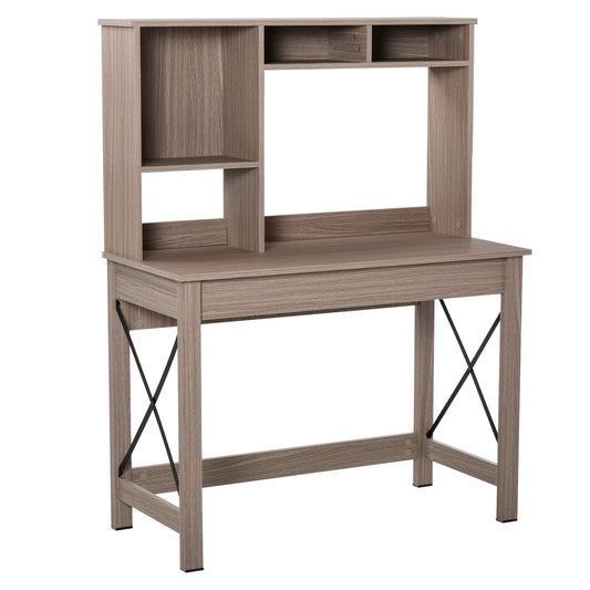 Computer Desk with Hutch and Storage Shelves, Brown