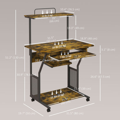 32" Mobile Computer Desk with Keyboard Tray and Shelves, Rustic Brown