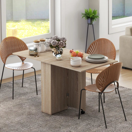 Extendable Dining Table with Storage Shelves and Rolling Wheels - Natural Wood