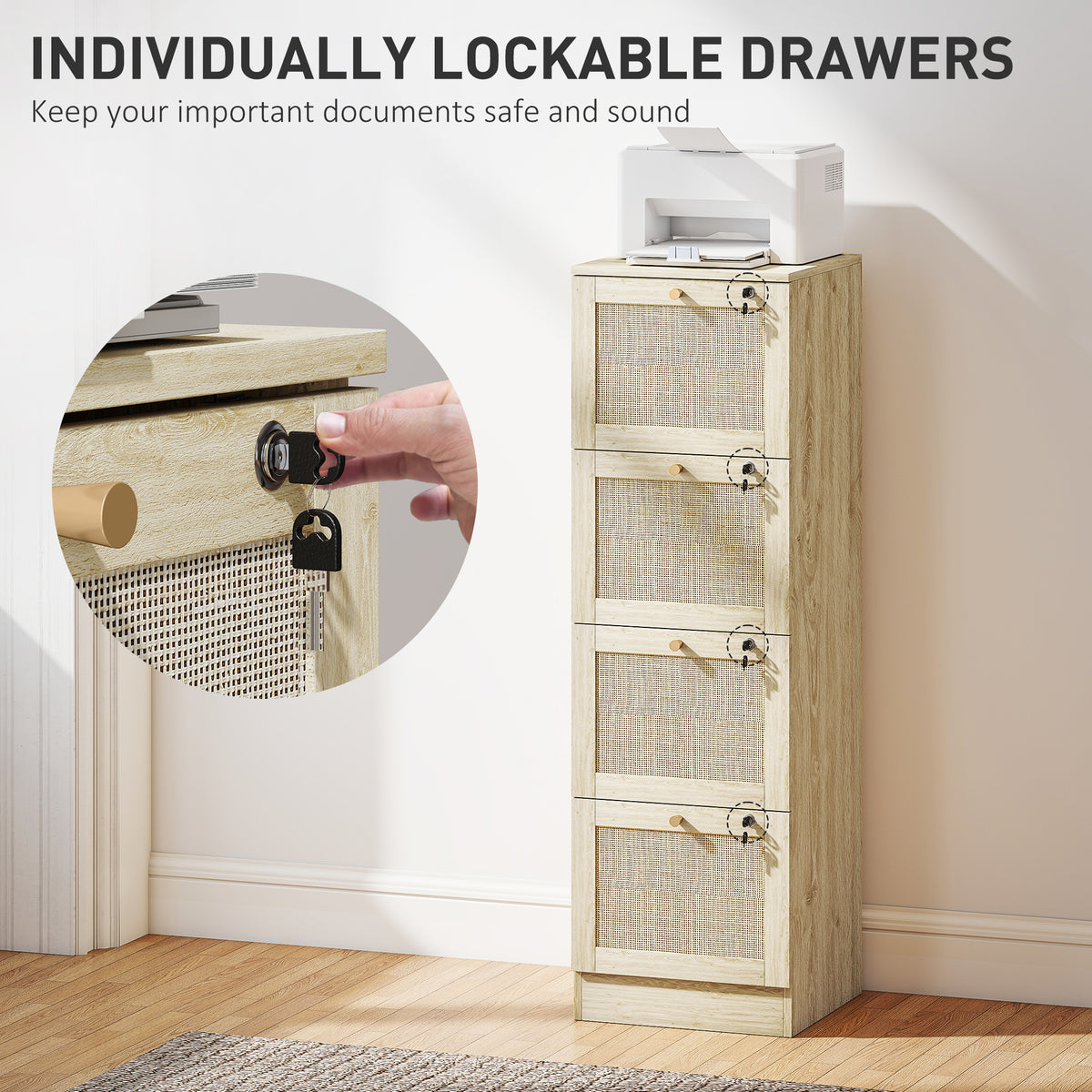 4 Drawer Filing Cabinet with Lock, Boho File Cabinet for A4 Letter Size Files with Decorative Rattan Accents, Oak