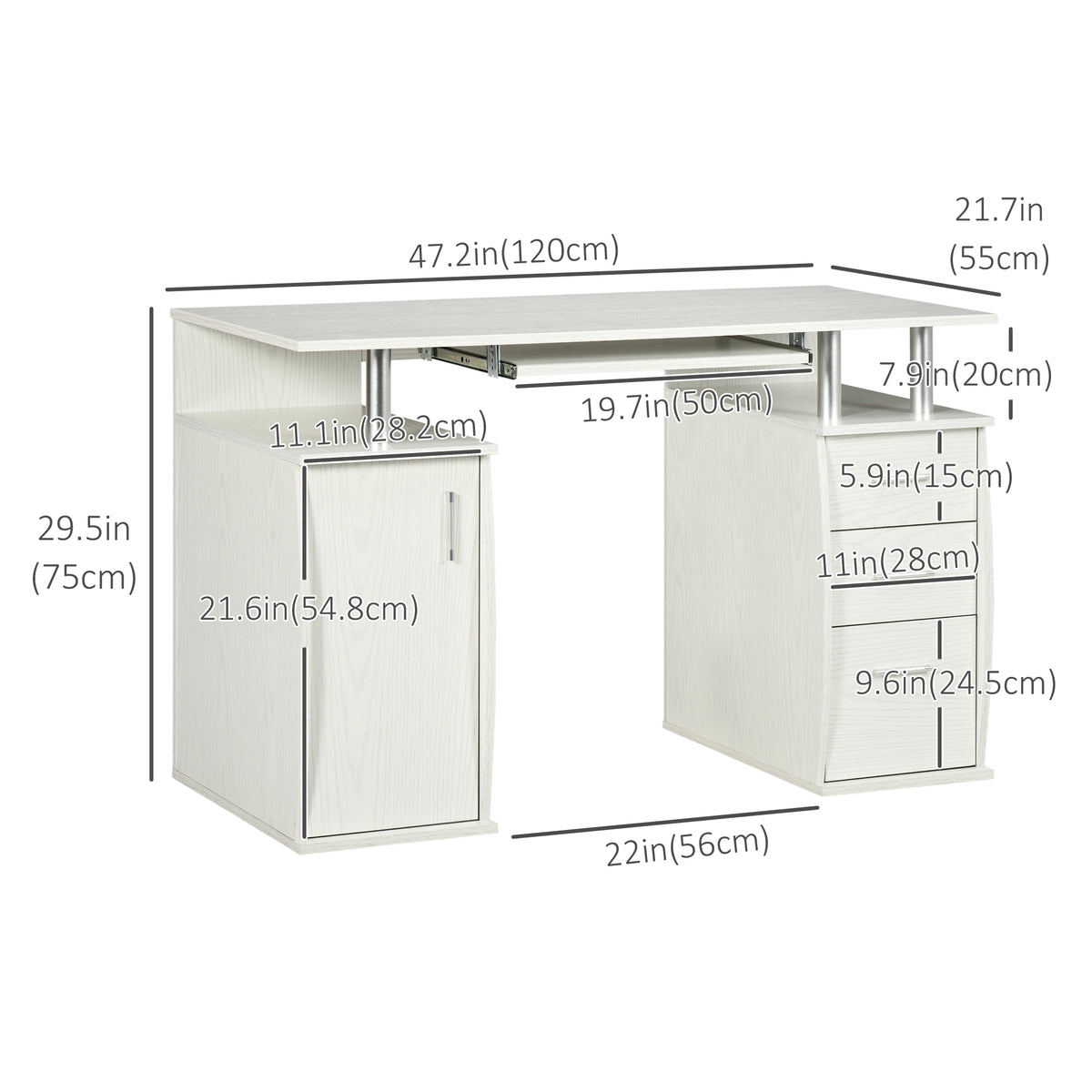 47" Computer Desk with Keyboard Tray and Storage Drawers, White