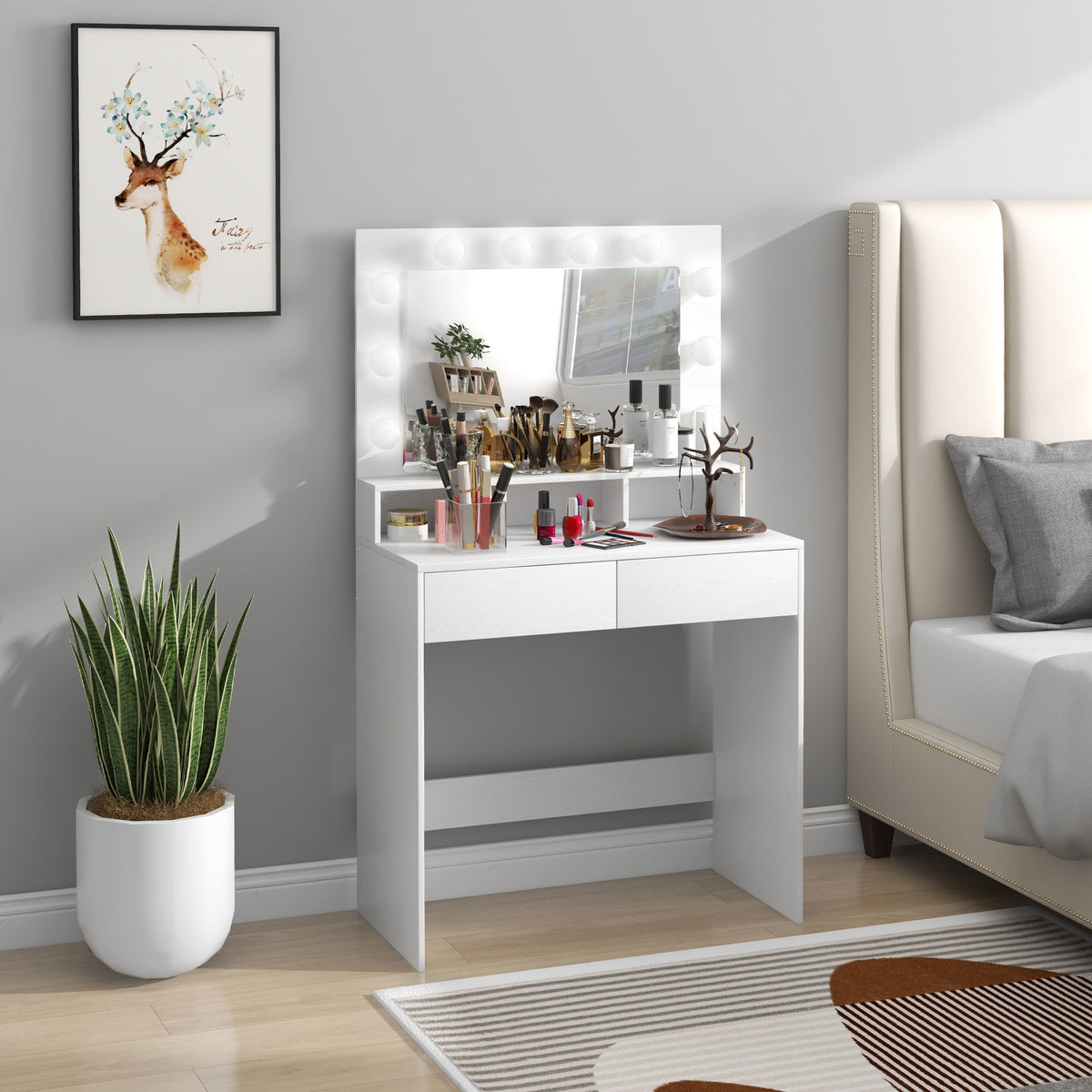 Makeup Vanity Table with LED Mirror and Drawers, White
