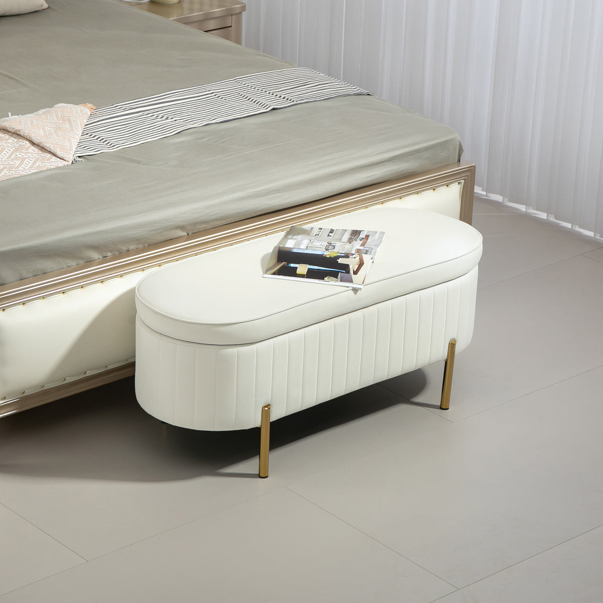 Channel Tufted Upholstered Bedroom Bench, Cream White