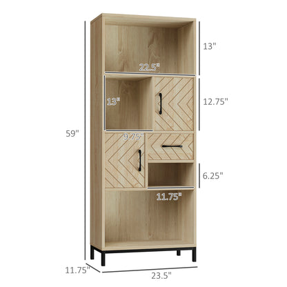 59" Storage Bookcase with Cabinets and Drawer, Natural Wood