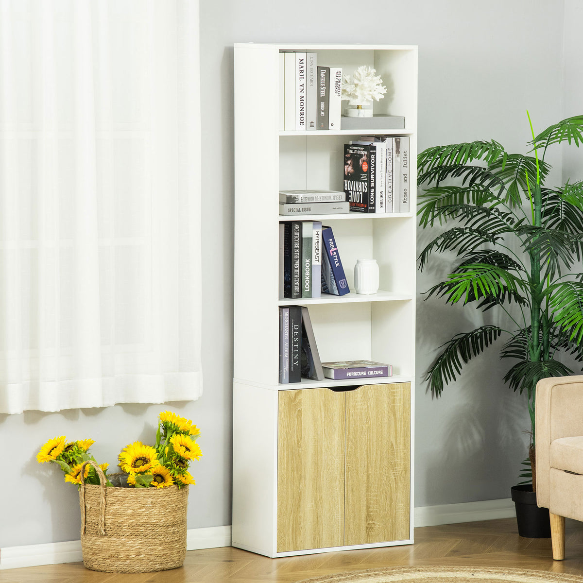 4-Tier Bookcase Cabinet with Doors, Oak