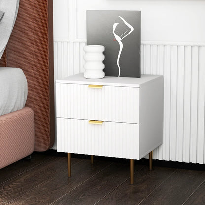Modern Nightstand with Gold Finger Pulls and Fluted Drawers, White